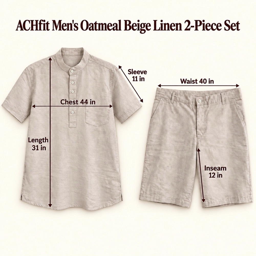ACHfit Men's XL Oatmeal Beige Linen 2-Piece Shirt Shorts Set Elastic Waist - Picture 3 of 6
